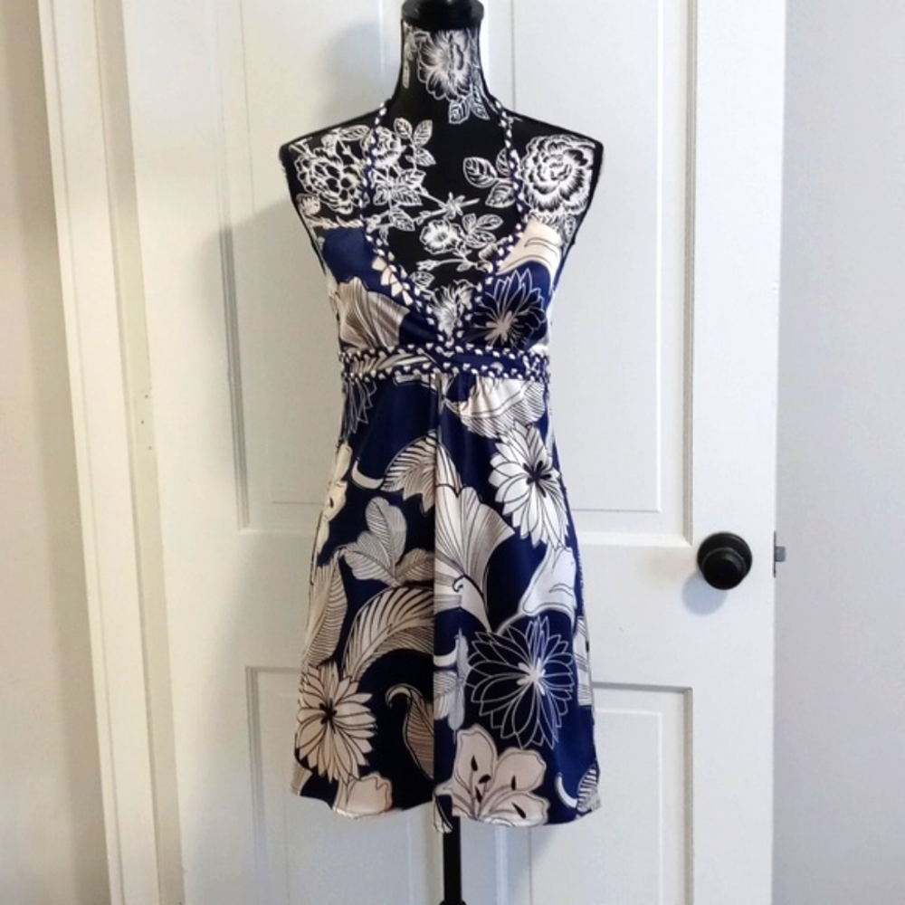🆕️ 🖤Miss Me🖤 - Navy/Cream Satin Floral Halter Tie Cocktail Dress